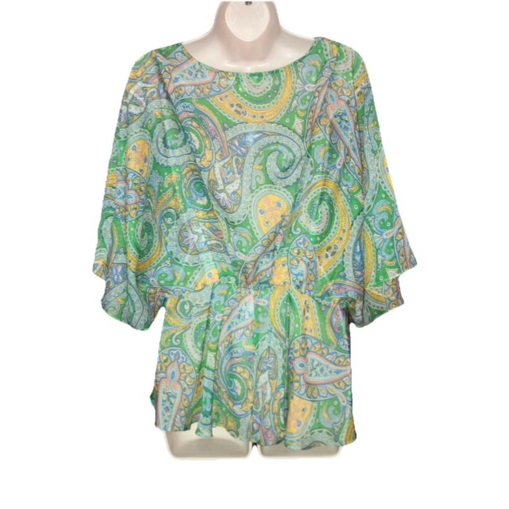 Umgee USA Paisley Green Yellow Blue Kimono Blouse Flutter Sleeves Chiffon Top S